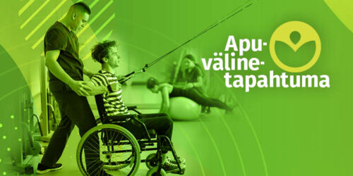 Apuväline 2023 vihreässä bannerissa tapahtuman logo ja kuva, missä pyörätuolikäyttäjä treenaa ylätaljalla kuntouttajan ohjauksella.